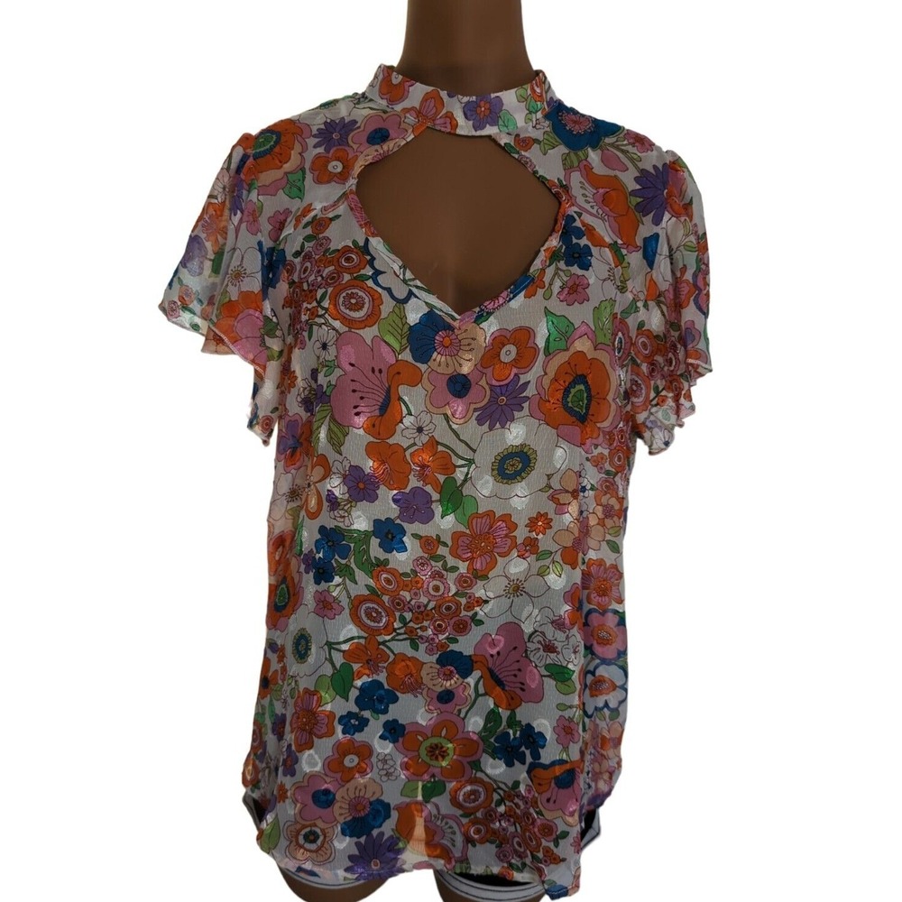 Stem & Vine retro goovy floral sheer‎ top blouse large blue orange pink flowers